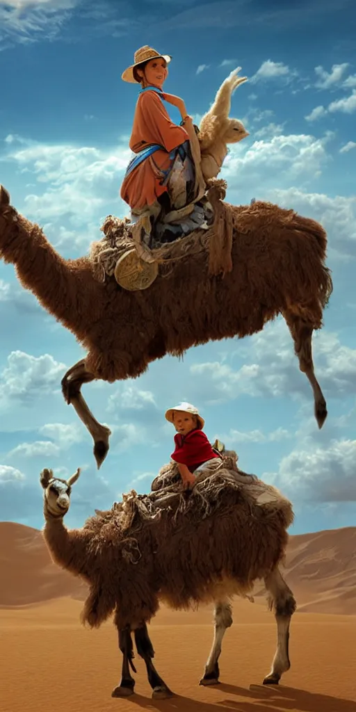 Image similar to A baby riding a Lama in the desert, cloudy sky, digital art, matte painting, style by alex ross,