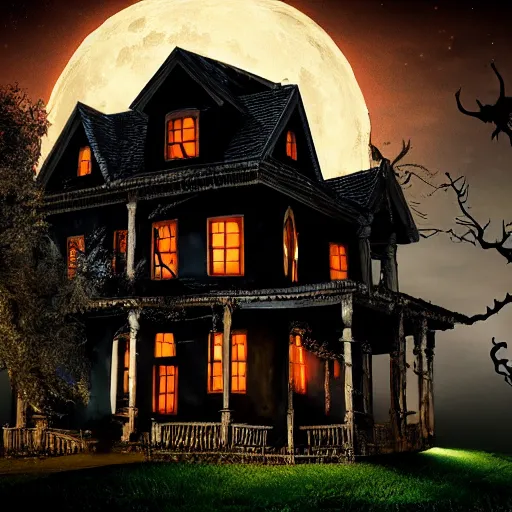 Image similar to haunted house at night, halloween, dramatic lighting, full moon, 8 k, realistic, high detail,