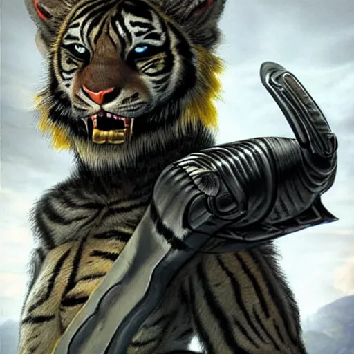 Image similar to a humanoid with cat-like features, yellow eyes, teeth that protrude past the lower lip (sort of like a saber-tooth tiger) and fine grayish fur on their faces and backs of their hands wearing futuristic alien armor and carrying weapons, octane,