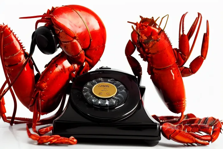 Prompt: commercial product photography advertisement for Salvador Dali’s Lobster Telephone, a black Rotary telephone with a red painted plaster lobster for a handle, Rear lighting, commercial studio lighting