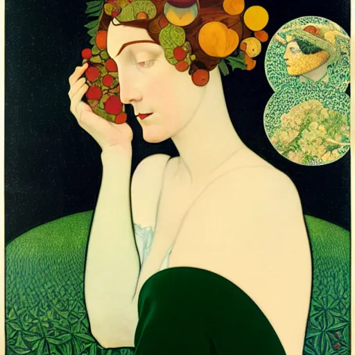 Image similar to Art in the style of Coles Phillips, Gaia, Mother Earth, side portrait, Mucha, Georgia O'Keeffe