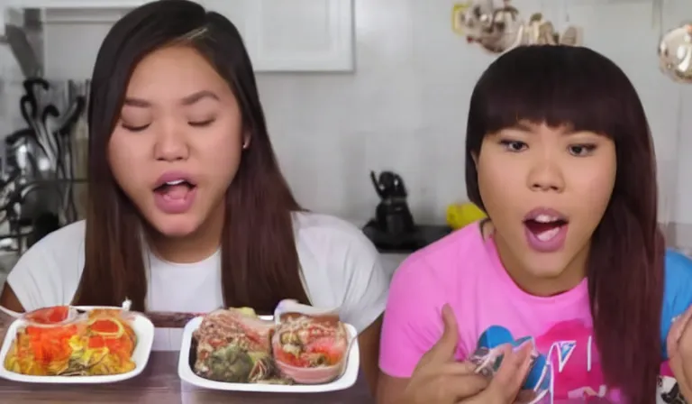 Image similar to Screencap from a mukbang video where a Filipino teenager eats a pair of sneakers