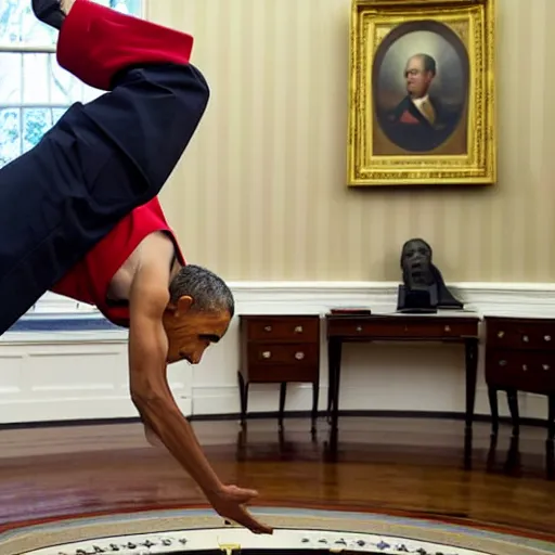 Image similar to barack obama doing a handstand in the oval office