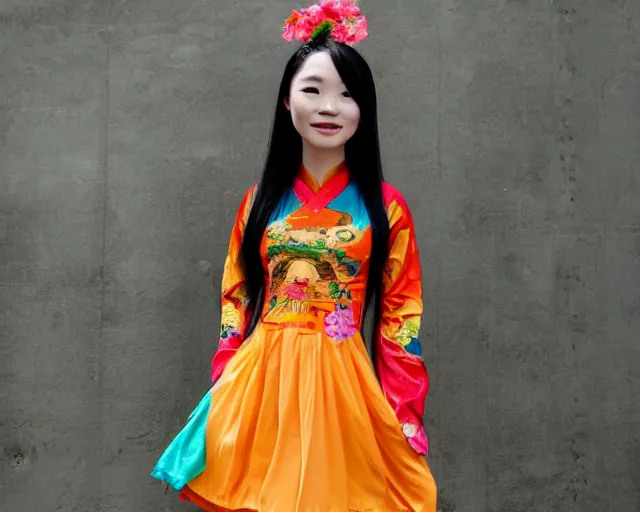 Prompt: vietnamese girl with rainbow hair wearing an ao dai