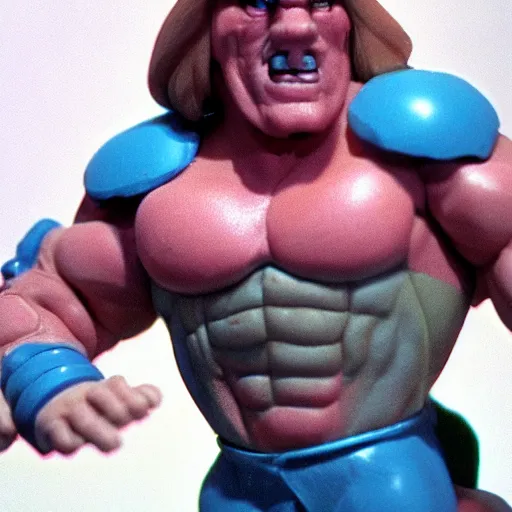Prompt: creepy muscular he-man villain creature toy from a bad 90s commercial, distorted vhs footage