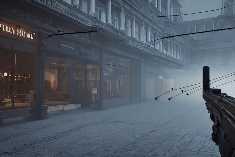 Image similar to a sniper sight aiming on a victorian shopping mall, cinematic lightning, ray tracing, unreal engine 5, photorealistic, 8 k, uhd, 4 k, fps game concept, extremely detailed, beautiful, elegant, intricate, foggy, in - game footage