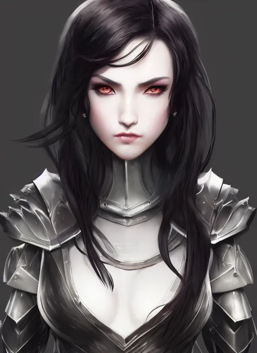 Image similar to full plate armor!!! beautiful and elegant dark hair female vampire!! gorgeous ayes!! character concept art, sharp focus, octane render! unreal engine 5! highly rendered!! trending on artstation!! detailed linework!! illustration by artgerm, wlop, and chie yoshii