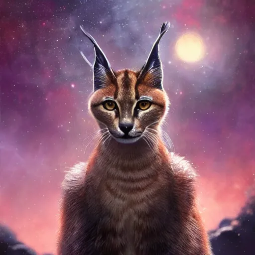 Image similar to a cute caracal, wearing a coat made of stars and nebulae, dramatic, volumetric lighting, planets in the background, smooth, sharp focus, very detailed, by greg rutkowski, artstation, tom badshaw, 8 k, symmetrical face