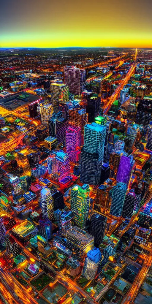 Prompt: hyper realistic photo of calgary downtown city view, 1 6 k, hyper realistic, fractal art, art station, coherent design, symmetrical, vivid colour, complementary colour, golden ratio, detailed, sharp lines, intricate, rainbow shift, in unreal 3 d engine, ray tracing, octane render