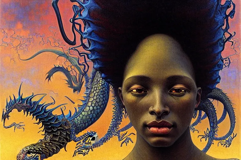 Image similar to realistic extremely detailed closeup portrait painting of a beautiful black woman, mutant dragon and a single old house on background by Jean Delville, Amano, Yves Tanguy, Ilya Repin, Alphonse Mucha, Ernst Haeckel, Edward Robert Hughes, Roger Dean, rich moody colours