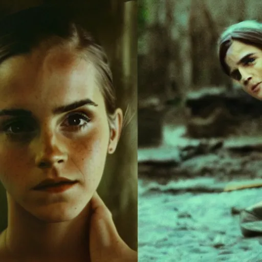 Image similar to film still, extreme far view, emma watson vietnam door gunner, film still from apocalypse now ( 1 9 7 9 ), 2 6 mm, kodak ektachrome, blue tint expired film,