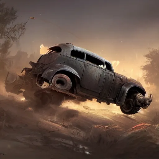 Prompt: crossout car destroyed, hyper realistic, very detailed, realistic lighting, fantasy, 4 k, in the style of greg rutkowski,