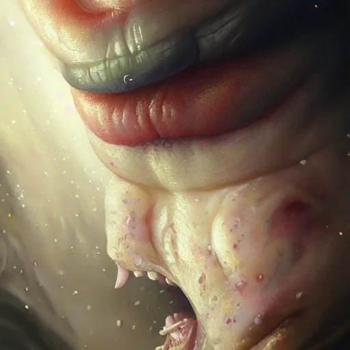 Image similar to hyper realistic, close up portrait of a mega derpy disgusting fat slob by greg rutkowski, scott m fischer, artgerm, loish, slight glow, atmospheric, anne stokes, alexandros pyromallis