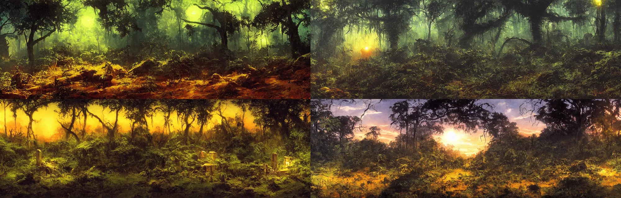 Prompt: single grave in moody jungle with backlight , sunset oil painting panorama by frazetta