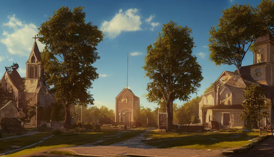 Prompt: small midwest town with square and gold eagle statue, sunny day, church, trees, hyperdetailed, artstation, cgsociety, 8 k