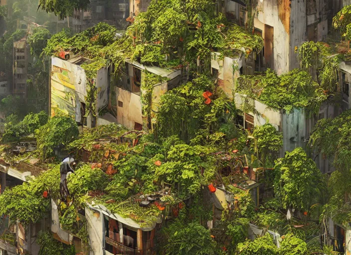 Prompt: overgrown foliage overtaking favela, biopunk, scenery, professional, award - winning, trending on artstation, detailed, realistic, beautiful, emotional, shiny, golden, picture