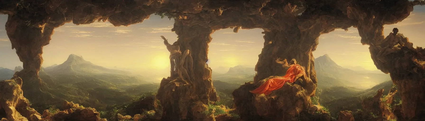 Image similar to an awe-inspiring thomas cole style painting of Zeus contemplating humanity's predicament atop an enormous Greco-Roman column while the sun sets upon Mount Olympus in the distance