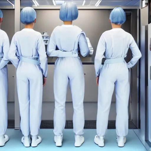 Prompt: troop of very short cloned women with white bob hairdos, tight light blue and lavender jumpsuits, standing next to tall scientist looking at a clipboard, futuristic cloning facility, sci - fi, highly detailed, cinematic