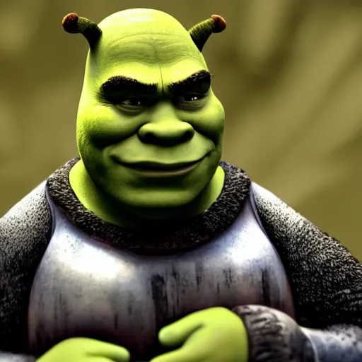 Image similar to Shrek in the style of Darth Vader from Star Wars, realism, against the background of the battlefield, depth of field, focus on Shrek,