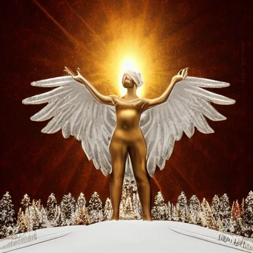 Image similar to winged valkyrie, snowy ground, realistic, golden light