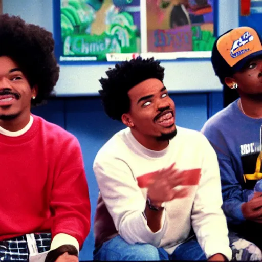 Image similar to a tv still of Chance The Rapper starring as a black college student at Jones College Prep in a 1993 sitcom