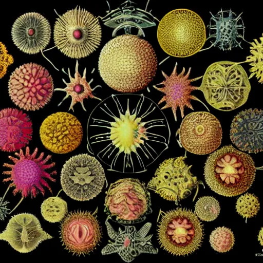 Image similar to ernst haeckel the coronavirus and other viruses in color on black background, symmetrically arranged