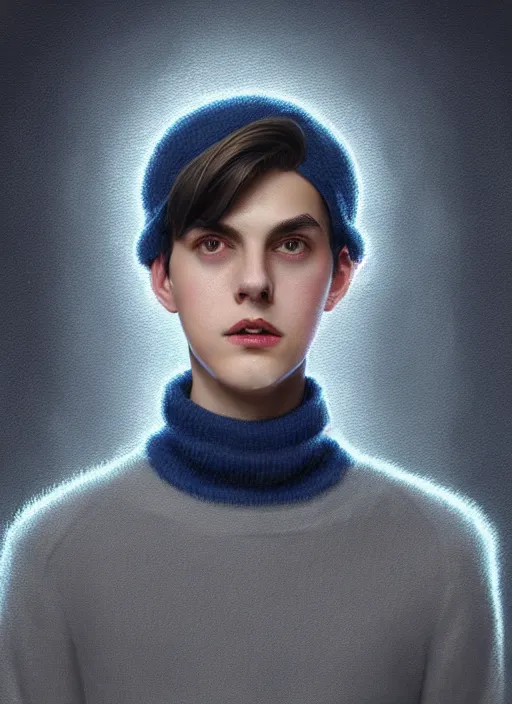 Prompt: portrait of teenage jughead jones, wearing a light grey crown, light grey crown, blue turtleneck sweater 1 9 5 0 s, intricate, elegant, glowing lights, highly detailed, digital painting, artstation, concept art, smooth, sharp focus, illustration, art by wlop, mars ravelo and greg rutkowski