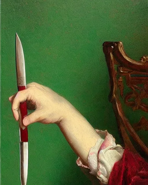 Image similar to by 1 9 th century famous painter, hands, nail polish, blood smear, knife, realism, realistic, oil painting, green wallpaper background