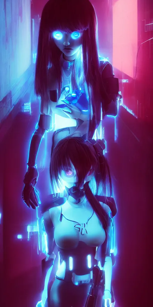 Image similar to blue cyber porcelain doll with led eyes. standing in middle of dark hallway. volumetric light on back. broken neon lighting. cyberpunk. high details, pixive, kuvshinov, photorealistic, artstation trending. dark mood. anime, akira.