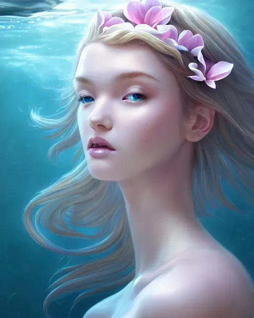 Image similar to character art of a goddess of magnolias as underwater angelic young female | | seductive - fine - face, pretty face, key visual, realistic shaded perfect face, fine details by stanley artgerm lau, wlop, nekro, james jean, andrei riabovitchev, marc simonetti, and sakimichan, trending on artstation