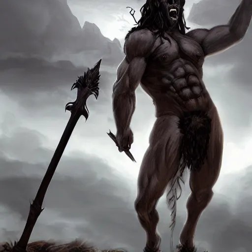 Image similar to towering male undead centaur god with spear looking down at the camera, dramatic lighting, upshot, curly dark hair, huge curving horns, satyr, faun, furred clydestale, fantasy artstation, cgsociety, anatomical, 8 k, magical, award winning cinematography