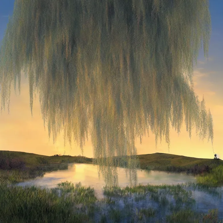 Image similar to featured on artstation majestic willow tree overlooking swirling river at sunset, beautiful image stylized digital art