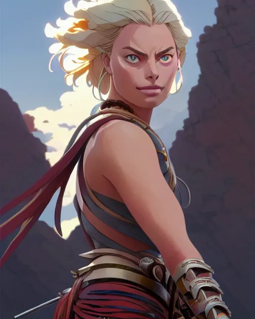 Image similar to azctec warrior, margot robbie, detailed perfect face, exquisite details, fire magic, mid view, design on a white background, by studio muti, greg rutkowski makoto shinkai takashi takeuchi studio ghibli