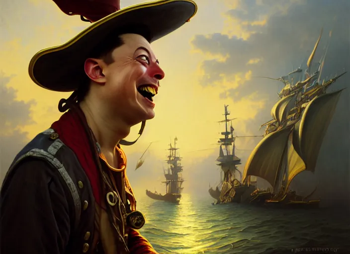 Prompt: highly detailed painting of a laughing Elon Musk as a pirate captain, proudly posing at the helm of his frigate wearing a pirate hat at sunset, artstation, cinematic lighting, hyperdetailed, cgsociety, 8k, high resolution, insanely detailed and intricate, concept art, smooth, sharp focus, illustration, art by Peter Mohrbacher and Alphonse Mucha, masterpiece