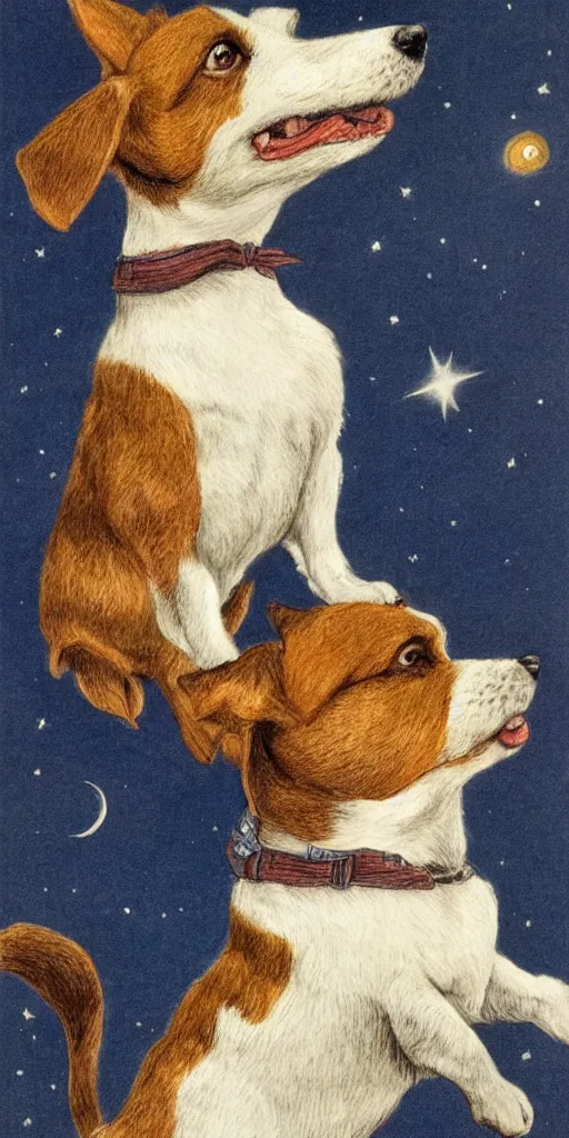 Image similar to portrait of jack russel dog looking up and howling with mouth open sad, night sky, highly detailed, side view, illustrated by peggy fortnum and beatrix potter and sir john tenniel