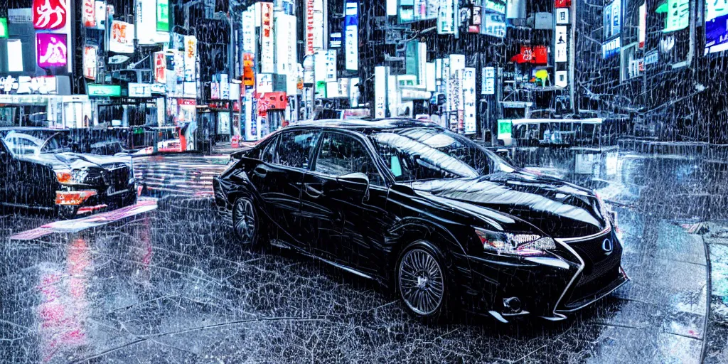 Image similar to tokyo vaporwave black lexus ct 2 0 0 h origami neon signs raining, hyper realisitic wet pavement