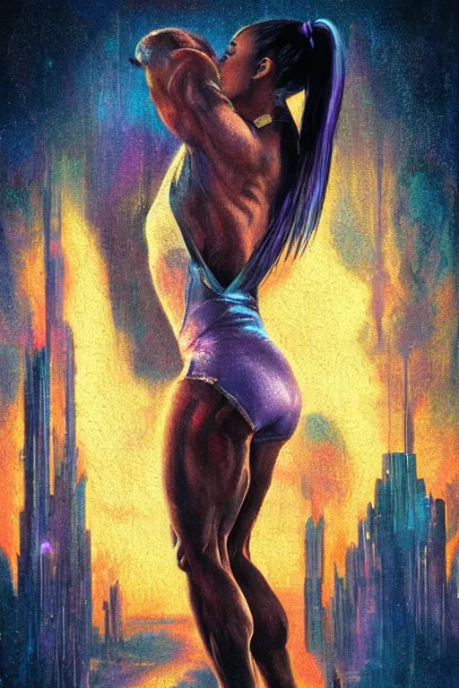 Image similar to body builder, extremely muscular ariana grande, in the style of johan grenier and john picacio and alan m. clark, trending on artstation, bioluminescence tilt - shift blade runner 2 0 4 9, crayon art, futuresynth, splash art, post - minimalism