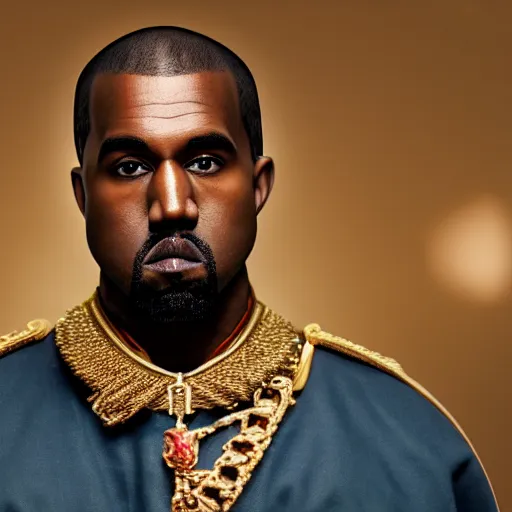 Image similar to Portrait of Kanye West dressed as emperor napoleon, splash art, cinematic lighting, dramatic, octane render, long lens, shallow depth of field, bokeh, anamorphic lens flare, 8k, hyper detailed, 35mm film grain