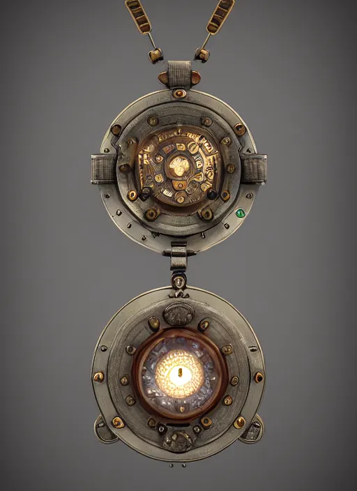 Image similar to steampunk amulet with diamond jewel and small steam tubes, volumetric lightning, octane render, realistic fog, extremely high detailed