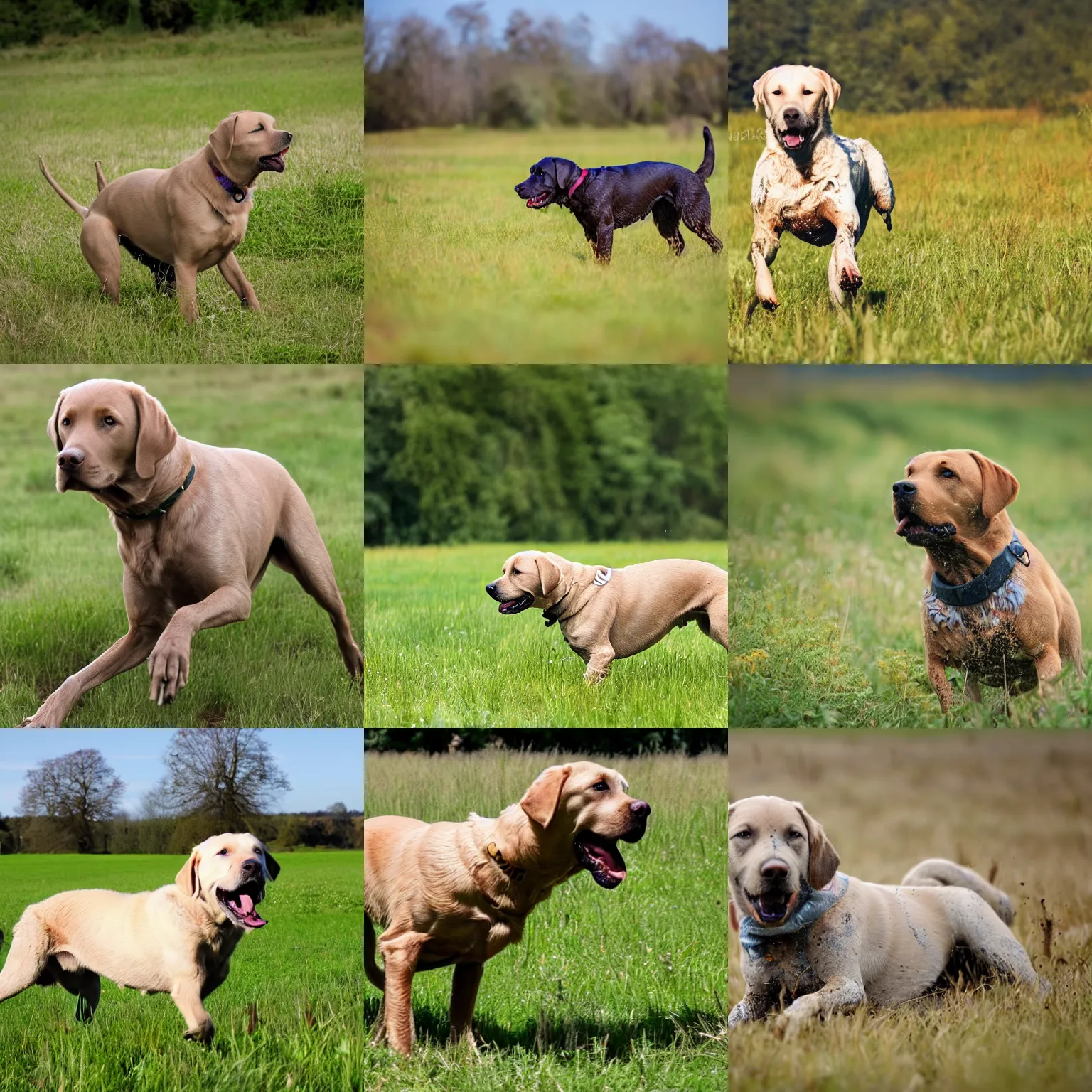 Prompt: muddy labrador frolicking on a meadow