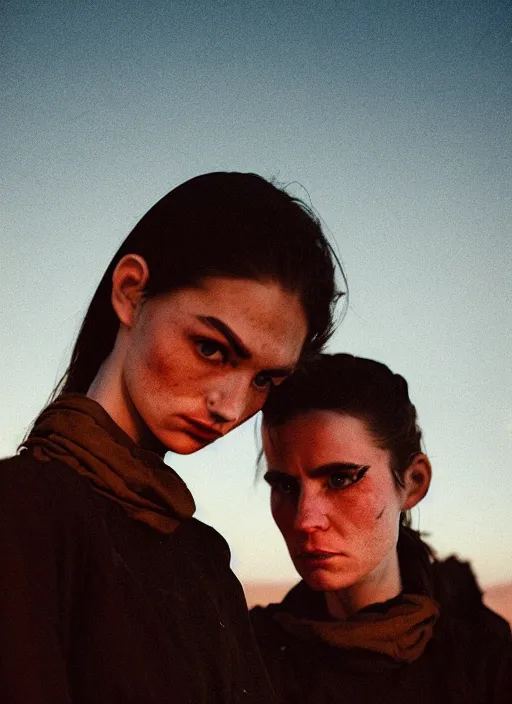 Image similar to cinestill 5 0 d photographic portrait of two loving female androids wearing rugged black techwear on a desolate plain with a red topographic sky in front of a brutalist structure, extreme closeup, cyberpunk style, dust storm, 8 k, hd, high resolution, 3 5 mm, f / 3 2, ultra realistic faces, ex machina