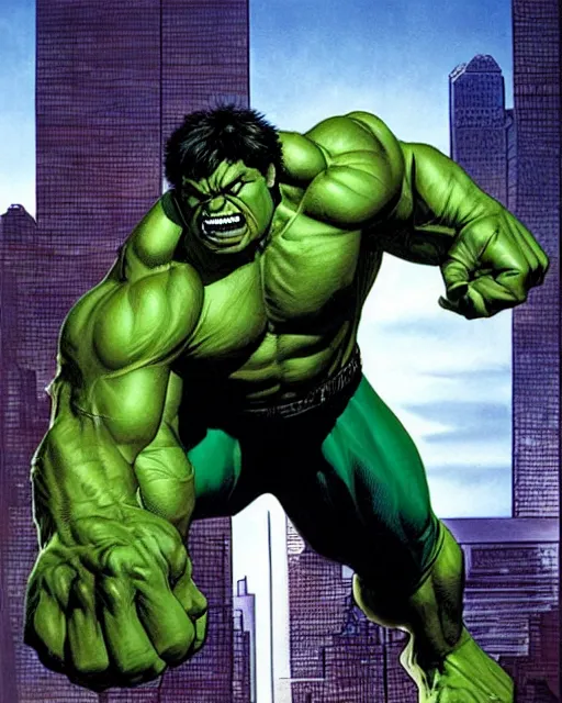 Image similar to a portrait of the incredible hulk looking angry in new york city by joe jusko. dramatic lighting.