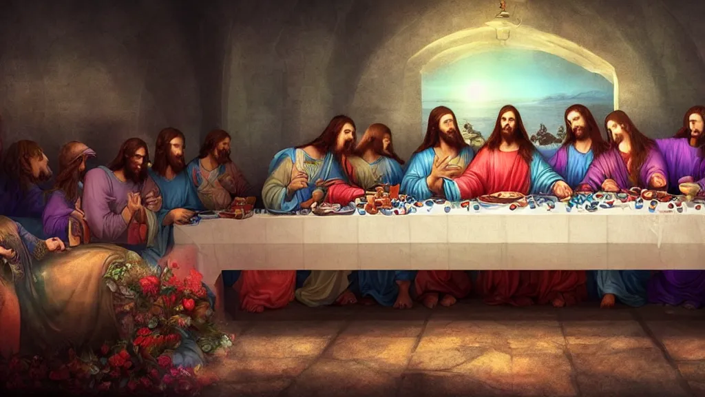 Prompt: beautiful last supper ” beautiful dreamscape, digital art, concept art, detailed, lovely colors, art station, 3 - d 4 k, beautiful background, matte painting,,