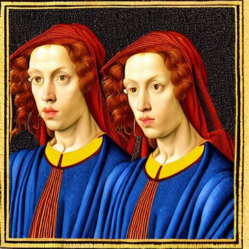 Image similar to gemini twins taking a selfie in greek ancient society hyperrealism, 8 k cinematic in jan van eyck screen print style