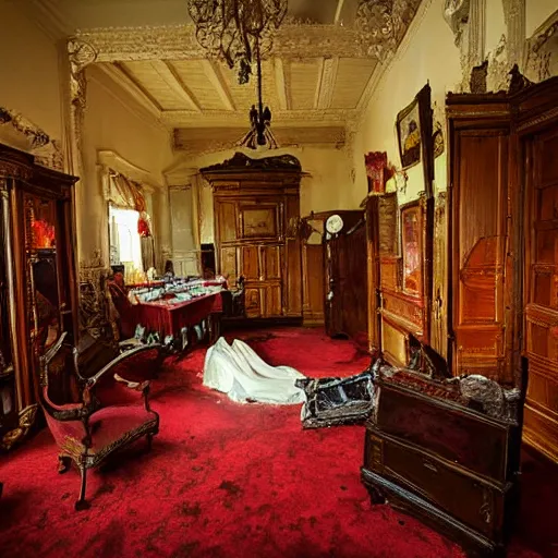 Image similar to a victorian room filled with blood