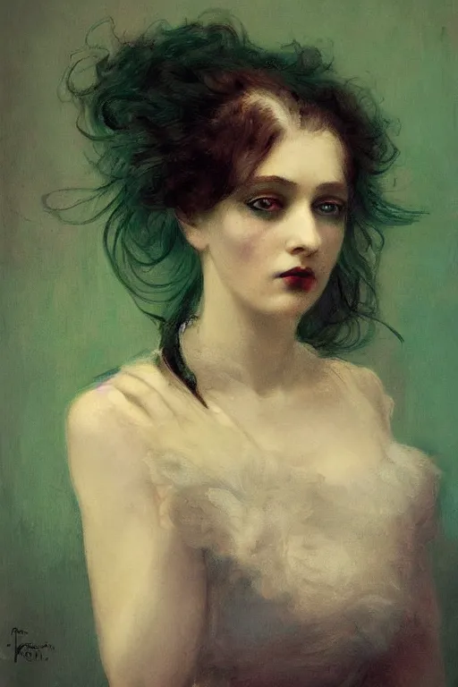 Image similar to creepy portrait of a beautiful sad victorian woman with green hair by denis forkas kostromitin