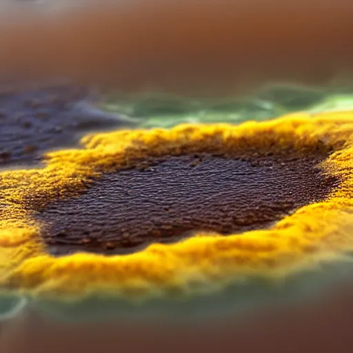 Image similar to a yellow and brown bacterial mat at a yellowstone hotspring, macro photography, extremely detailed