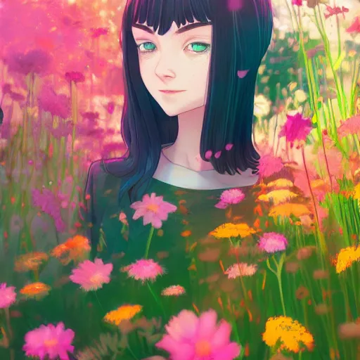 Image similar to a portrait of Elle fanning, field of flowers background, rich vivid colors, ambient lighting, dynamic lighting, 4k, official media, anime key visual, makoto shinkai, ilya kuvshinov, lois van baarle, rossdraws, detailed, trending on artstation