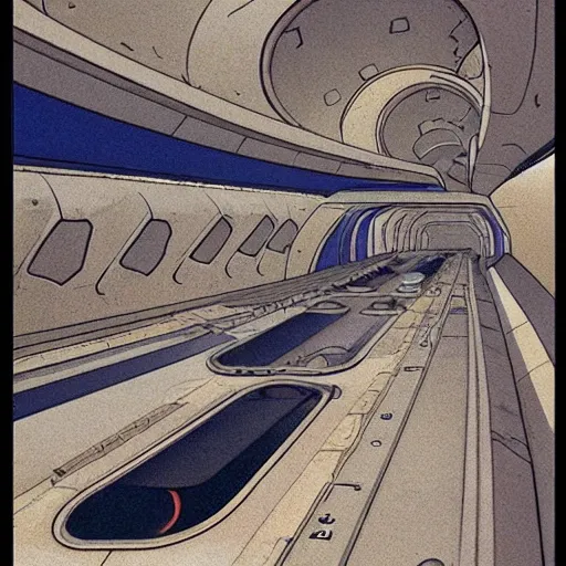 Image similar to a space station tunnel, brutalist architecture, by moebius