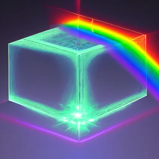 Image similar to 3 d render of an ultrarealistic photograph of a very clear and crystal cube with a high - powered laser shooting light into the cube and dispersing full spectrum rainbow light beautifully into onto the surrounding surfaces, light dispersion, light effects, 3 d render, octane render, luxcore render, visual caustics, light dispersion, 8 k